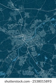 Map of Ulm, Germany, rendered in a minimalist style. The map features a deep blue background with white lines representing roads, streets, and waterways.