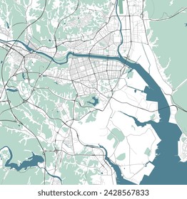 Map of Ulsan, South Korea. Detailed city vector map, metropolitan area. Streetmap with roads and water.