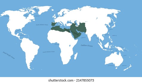 Map Of Umayyad Caliphate The Largest Borders With All World And Ocean, Sea Names