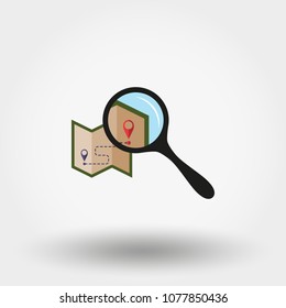 Map under the magnifying glass. Icon for web and mobile application. Vector illustration on a white background. Flat design style.