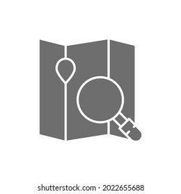 Map under a magnifying glass, navigation grey icon.