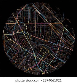 Map of UnionCity, California with all major and minor roads, railways and waterways. Colorful line art on black background.