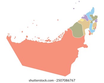 Map of United Arab Emirates by region in different colors. Vector illustration.