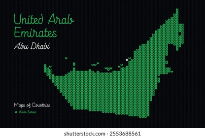 The map of United Arab Emirates with the capital Abu Dhabi is depicted in a knitted pattern. Woolen ornament	