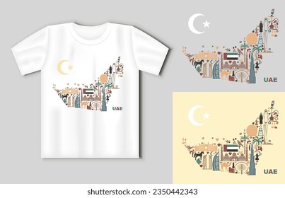 Karte der Vereinigten Arabischen Emirate, bestehend aus den traditionellen Symbolen von Dubai. Reisekonzept mit T-Shirt-Modell