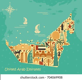 Map of United Arab Emirates consisting of the traditional symbols of Dubai