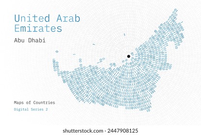 Un mapa de Emiratos Árabes Unidos
Emiratos representados en ceros y unos en forma de círculo. La capital, Abu Dhabi, se muestra en el centro del círculo	