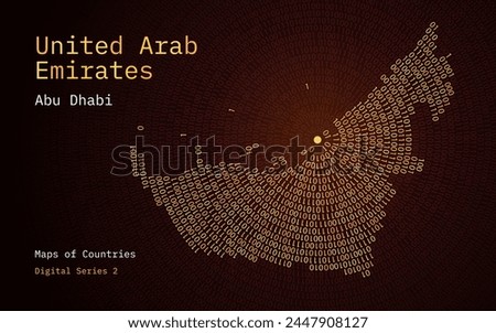 A map of United Arab
Emirates depicted in zeros and ones in the form of a circle. The capital, Abu Dhabi, is shown in the center of the circle	