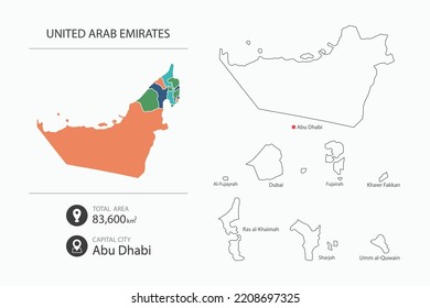 Map of United Arab Emirates with detailed country map. Map elements of cities, total areas and capital.