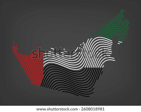Map of United Arab Emirates from dynamic waves.  Map United Arab Emirates from lines colors of national flag on transparent background.   Futuristic background with dynamic waves. EPS10