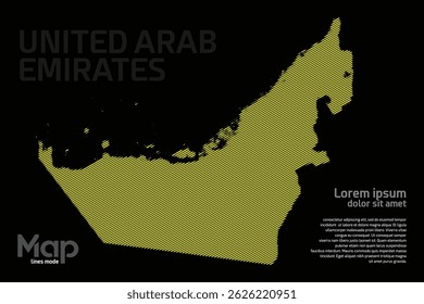 Mapa de Emirados Árabes Unidos com linhas geográficas amarelas, isoladas sobre um fundo preto. Perfeito para vários projetos de design