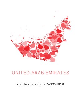 map of united arab emirates filled with hearts mosaic of different sizes and degrees of transparency