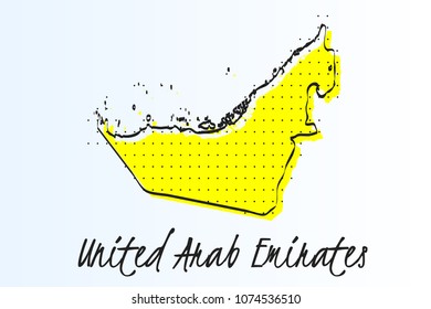 Map of United Arab Emirates, halftone abstract background. The black dots on a yellow background. drawn border line. vector illustration