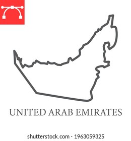 Map of United Arab Emirates line icon, country and travel, UAE map vector icon, vector graphics, editable stroke outline sign, eps 10