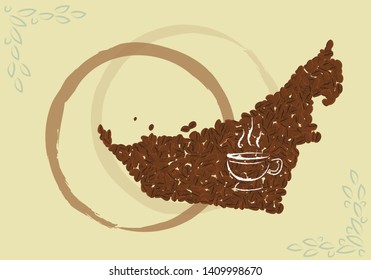 Map of United Arab Emirates made of coffee beans with coffee spill mark. Editable Clip Art.