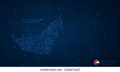 Mapa del diseño moderno de los Emiratos Árabes Unidos con formas poligonales sobre fondo azul oscuro. Esferas de malla de alambre de negocios a partir de escombros voladores. Concepto de ilustración vectorial de estilo de estructura azul.