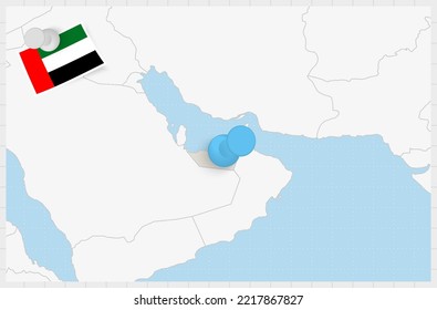 Map of United Arab Emirates with a pinned blue pin. Pinned flag of United Arab Emirates, vector illustration.