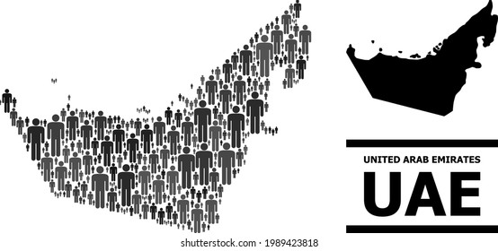 Mapa de los Emiratos Árabes Unidos para aplicaciones políticas. Mosaico de población de vectores. Mapa mosaico de los Emiratos Árabes Unidos hecho de pictogramas sociales. Concepto demográfico en tintes de color gris oscuro.
