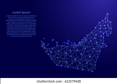 Map of United Arab Emirates from polygonal blue lines and glowing stars vector illustration