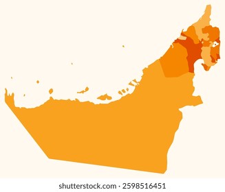 Map of the United Arab Emirates with regions. A simple country border map with regional divisions in an orange color palette.