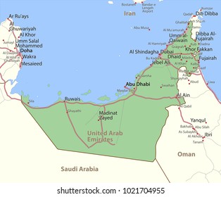 Map of United Arab Emirates. Shows country borders, urban areas, place names and roads. Labels in English where possible.Projection: Mercator.