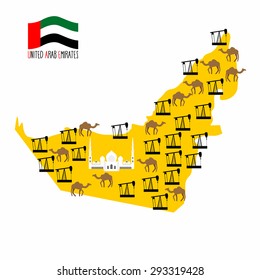 Map United Arab Emirates (UAE). Desert and petroleum rigs. Infographics minerals oil and animal world: camels. Abu Dhabi Sheikh Zayed White Mosque