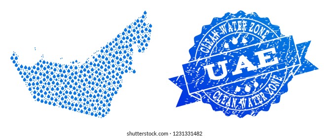 Map of United Arab Emirates vector mosaic and clean water grunge stamp. Map of United Arab Emirates created with blue water dews. Seal with corroded rubber texture for clean drinking water.