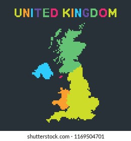 Map Of United Kingdom In 8 Bit Pixel Art Style. Color Vector Illustration