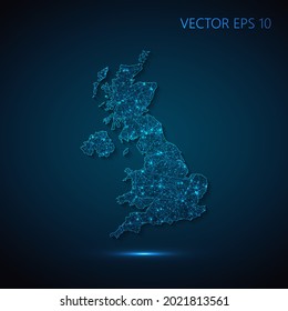 Map of United Kingdom abstract illustration of global social communication, polygonal map with connecting dots and lines. Vector illustration eps 10.