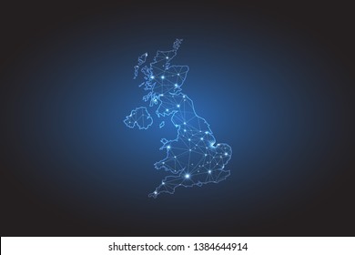 Map of United Kingdom - Abstract mash line and point scales on circuit dark background. Wire frame 3D mesh polygonal network line, design sphere, dot and structure. Vector illustration eps 10.