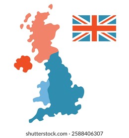 Map of the United Kingdom, British countries and the Union Jack flag. Vector illustration isolated on white background, hand drawn, flat design
