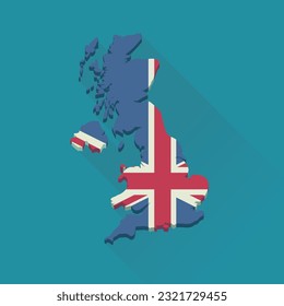 Map of United Kingdom in the colors of the British flag in 3D on a blue background in the style of flat design