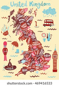 Map of United Kingdom with counties and lands. Decorative poster with country silhouette and creative hand dawn names of shires and administrative areas. Symbols of England, Wales and Scotland.