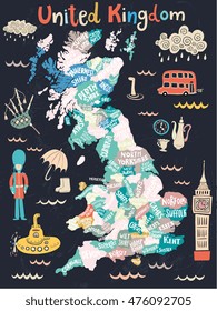 Map of United Kingdom with counties and lands. Decorative poster with country silhouette and creative hand dawn names of shires and administrative areas. Symbols of England, Wales and Scotland.