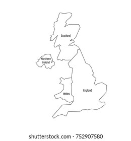 Map of United Kingdom countries - England, Wales, Scotland and Northern Ireland. Simple flat vector outline map with labels.