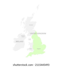 Map of United Kingdom countries with the indication of England. Political map of England, Scotland, Wales, Northern Ireland and Isle of Man. Detailed outline and silhouette. All isolated on white.