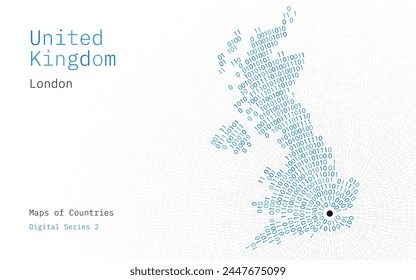 A map of United Kingdom depicted in whire zeros and ones in the form of a circle. The capital, London, is shown in the center of the circle