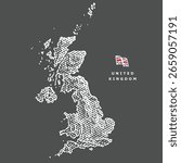 Map of  the United Kingdom in engraved style. Black background. Hand-drawn engraving-style illustrations. Etched vector illustration.