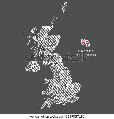 Map of  the United Kingdom in engraved style. Black background. Hand-drawn engraving-style illustrations. Etched vector illustration.