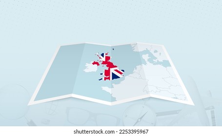 Map of United Kingdom with the flag of United Kingdom in the contour of the map on a trip abstract backdrop. Travel illustration.