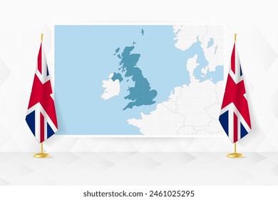 Map of United Kingdom and flags of United Kingdom on flag stand. Vector illustration for diplomacy meeting.