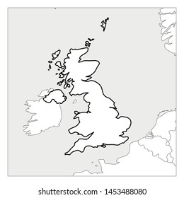 Map of United Kingdom of Great Britain and Northern Ireland black thick outline highlighted with neighbor countries.