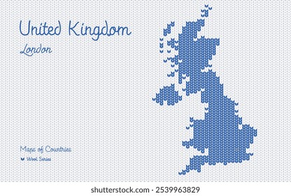 El mapa del Reino Unido de Gran Bretaña con la capital Londres está representado en un patrón de punto. Ornamento de lana	