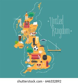 Map of United Kingdom, Great Britain with Scotland and Ireland  vector illustration, design. Icons with British landmarks and beer. Explore Britain  concept image