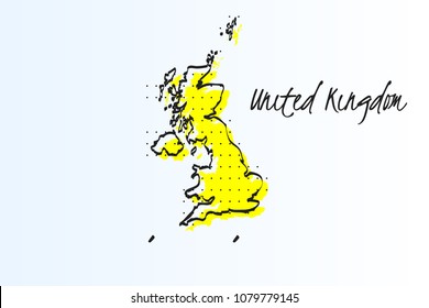 Map of United Kingdom, halftone abstract background. The black dots on a yellow background. drawn border line. vector illustration