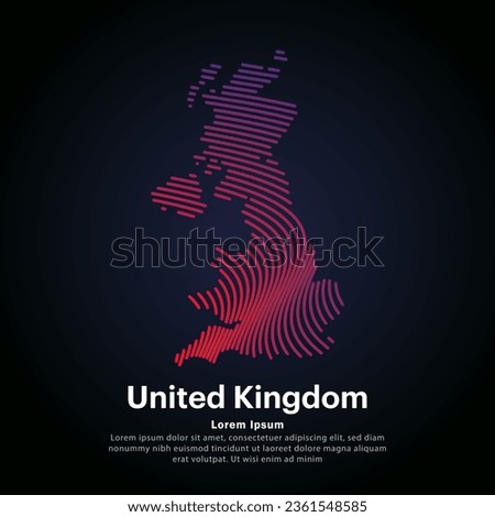 Map of United Kingdom Illustration in a linear style. Abstract line art Great Britain in Europe map Logotype concept icon. Vector logo UK map color silhouette on a dark background. EPS 10