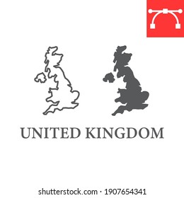 Map of United Kingdom line and glyph icon, country and geography, Great Britain map sign vector graphics, editable stroke linear icon, eps 10