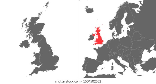 Map of United Kingdom with location on european map
