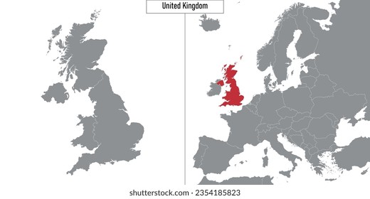 map of United Kingdom and location on Europe map. Vector illustration