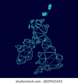 Map of United Kingdom low poly triangulation triangulated polygonal electric cyan blue vibrant aqua neon color vector illustration image outline contour line style